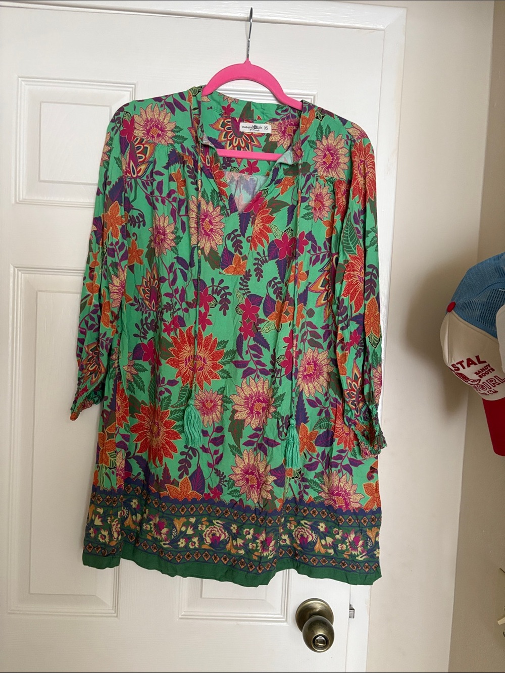 NATURAL LIFE Green Floral Mini Dress with Pink & Orange Accents